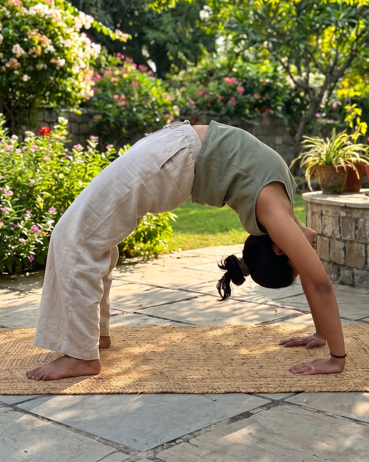 Samyuktha Nambiar in a backbend on a jute mat in a garden